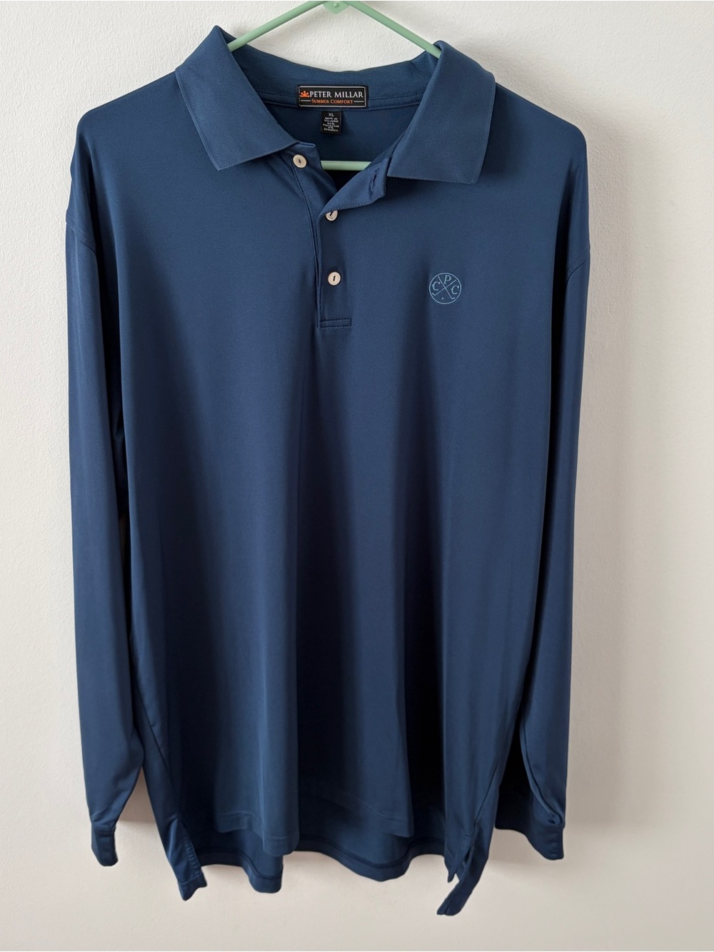 NWOT Peter Millar Summer Comfort Mens XL Long Sleeve Golf Polo Blue CPC Logo*E15